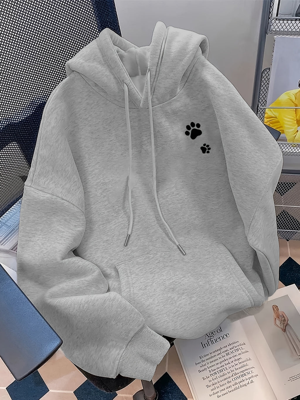 Women's Black Cat&Claw Print Design Hooded Sweatshirt - Grey