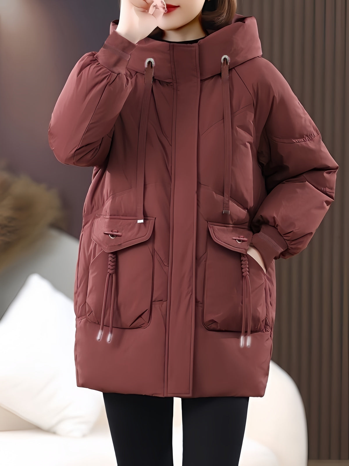 Autumn/Winter Elegant Temperament Commuter Mid-Length Hooded Women's Jacket with Large Pockets, Zipper Faux Puffer Coat, Women's Winter Overcoat - Burgundy