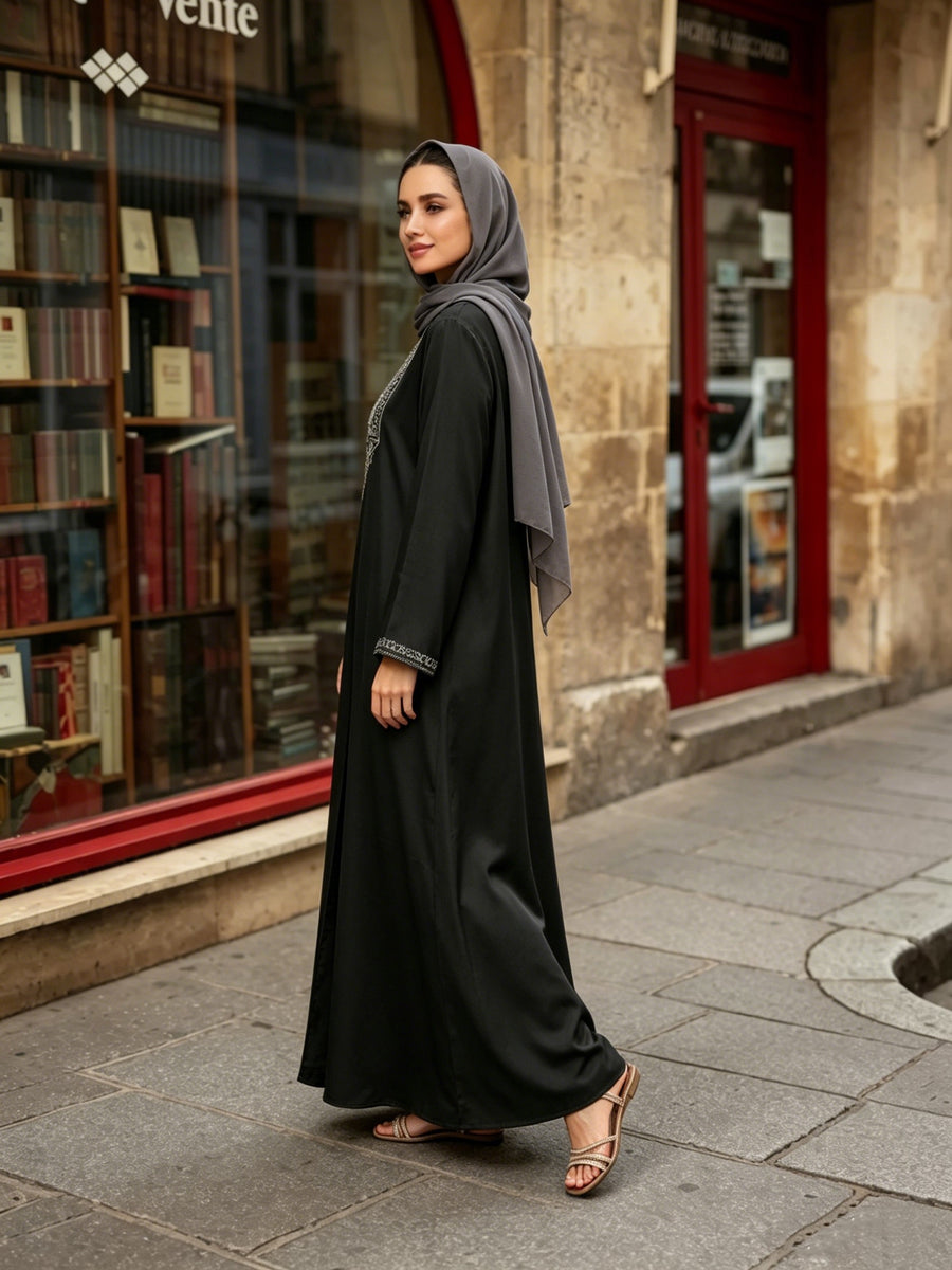 Muslim Ethnic Style Intricate Embroidery Craft Round Neck Long Sleeve Elegant Casual Long Dress Abaya (Headscarf Not Included) - Black