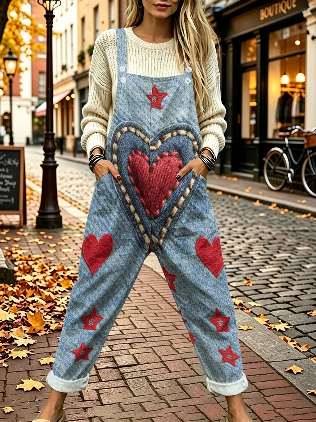 [Printed Pants - Not Denim Fabric] European and American Retro Heart and Star Faux Denim Overalls, Wide-leg Pants, Autumnal Style Women's Trousers - Mixed colors