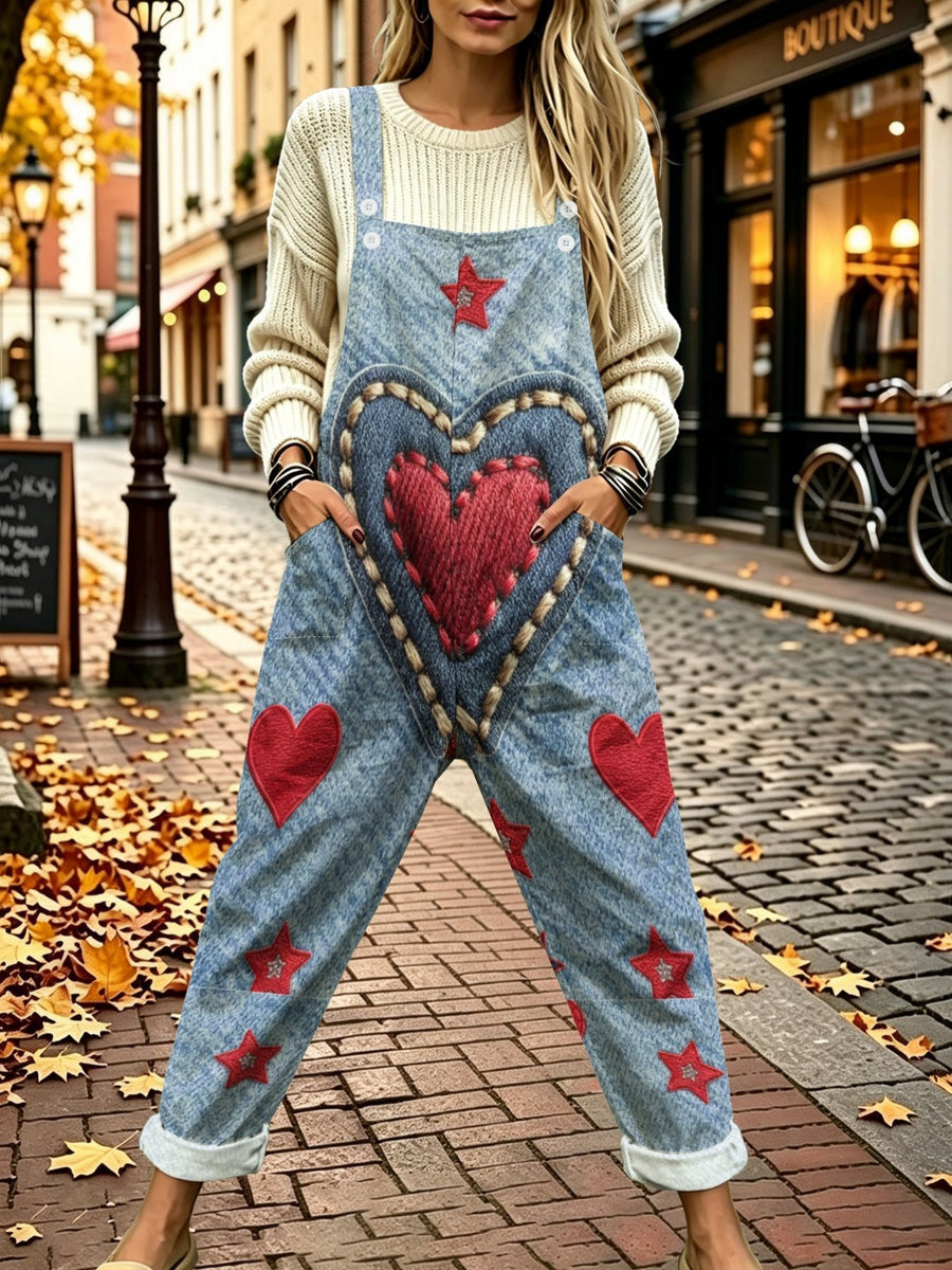 [Printed Pants - Not Denim Fabric] European and American Retro Heart and Star Faux Denim Overalls, Wide-leg Pants, Autumnal Style Women's Trousers - Mixed colors