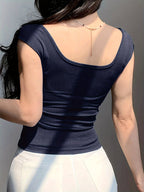 Lin Zuojia Women's Bow Strap Backless T-Shirt - Short Sleeve Round Neck Bow Accent Top, Medium Stretch Fitted Blouse for Spring Summer Fall Layering, Solid Color Casual Wear, Machine Washable Backless Shirt - Navy Color