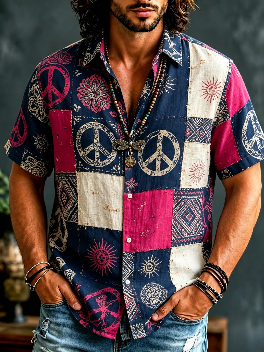 Men's Vintage Boho Short Sleeve Shirt - Lightweight Breathable Button- Top with Retro Patchwork Peace Sign & Bohemian Sun Floral Print, Full-Body Suitable for Summer Beachwear, Casual Daily Wear, Birthday Gift for Him (Machine Washable) - JAHFQ080217331