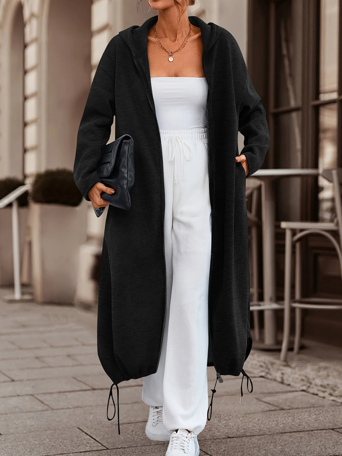 Autumn Winter Women'S Slight Elasticity Long Hooded Zipper Coat, Solid Color. Long Length with Hood And Zipper, Slight Elasticity for a Comfortable Fit. Stylish Drawstring Hem, Keeps Warm in Cool Seasons, Ideal for Daily Wear And Commuting - Black