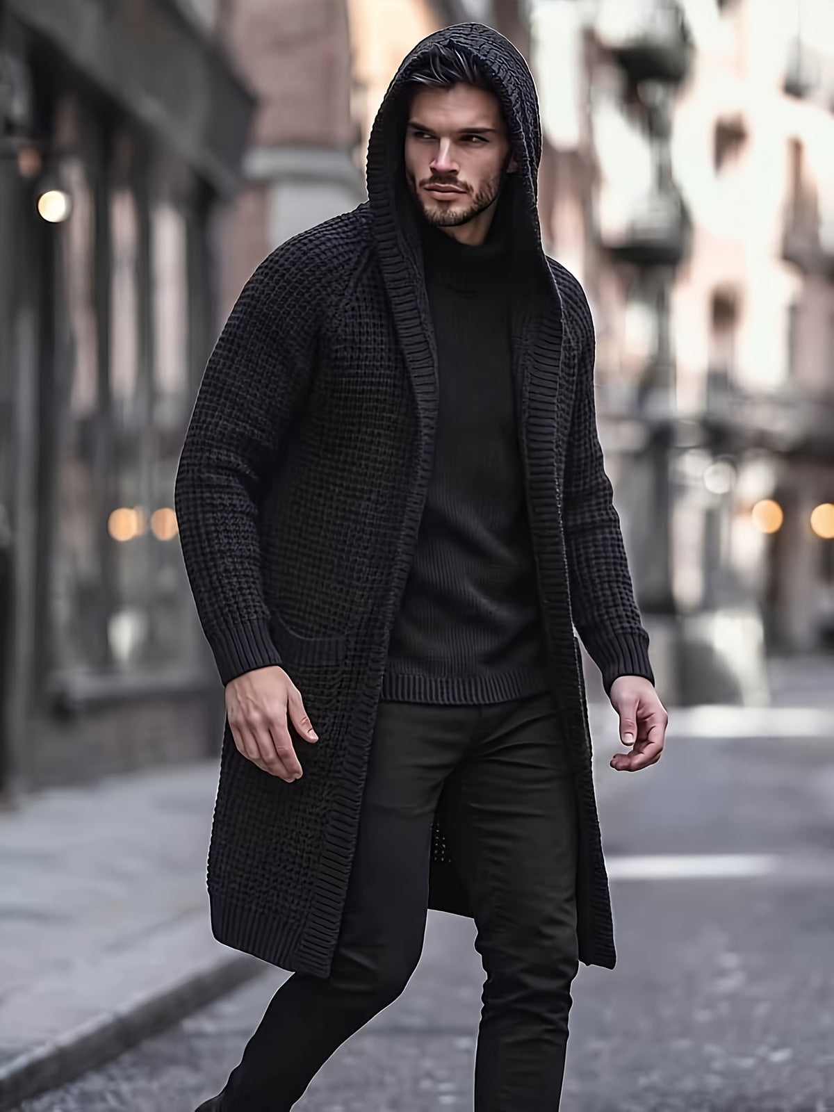 Men's Casual Sport Sweater, Knit Cardigan, Long Hooded Knit Cardigan. The Hooded Design Adds a Casual and Effortless Style, While the Long Length Flatters the Figure. This Simple yet Stylish Piece Is Perfect for Autumn and Winter, Offering Warmth - Black