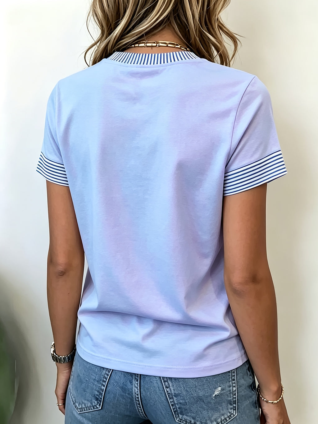 Striped Contrast Print Round Neck Short Sleeve T-Shirt, Women'S Easy Navy Small Heart Print Loose Casual Top - Light Blue