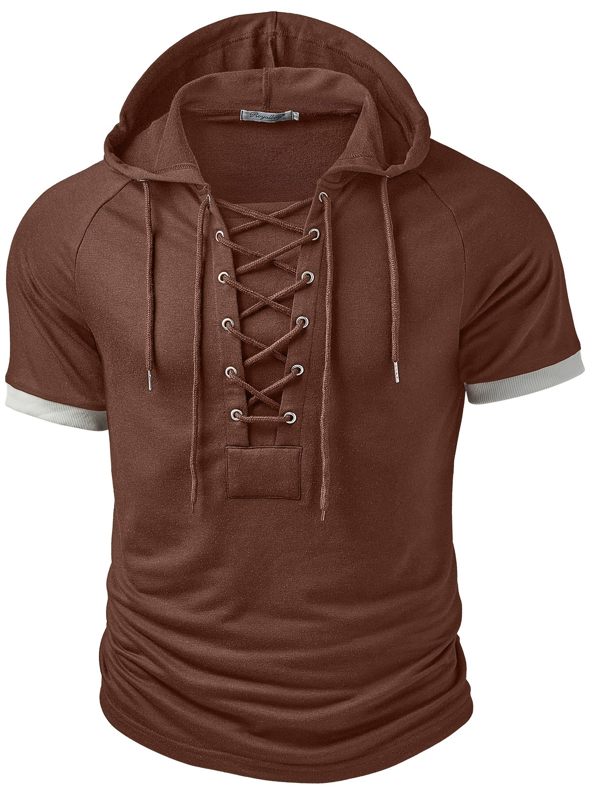 ROYALBOY Spring New Arrival Men's Short Sleeve Outdoor Sports Hoodie with Eyelet Drawstring, Designer Casual Men's Sportswear Top, Suitable for Autumn Outdoor Wear - Coffee Color