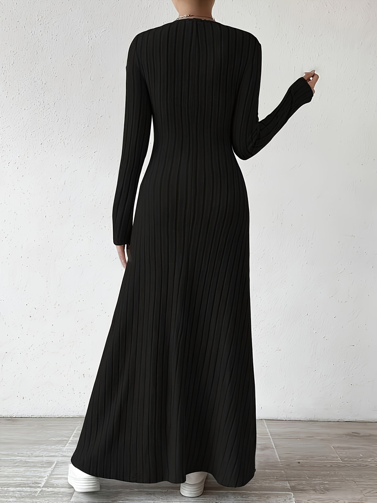 Women's Elegant V-Neck Long Sleeve A-Line Dress - Solid Color Machine Washable Fall Dress with Flattering Silhouette, Versatile for Casual & Formal Occasions, Long Sleeve Maxi Dress, Comfortable Fit - Black
