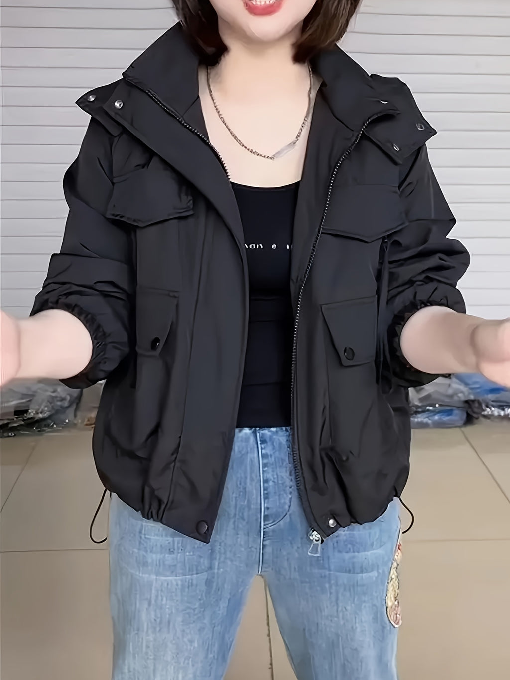 American Hooded Women'S Top, High-End, Stylish, Double-Pocket Zipper Cardigan, Trench Coat, Hooded Age-Reducing Long-Sleeved Outerwear - Black