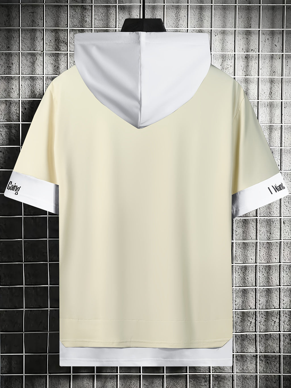 Men'S Color-Block Contrast Hooded Short Sleeve T-Shirt, English Letter Print, Short Sleeve Faux Two-Piece Streetwear, Trendy Fashion Versatile Street Casual Hong Kong Style Outfit, Casual Leisure All-Match T-Shirt, Suitable for Summer - Khaki 1