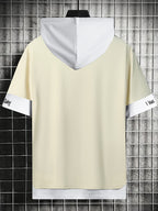 Men'S Color-Block Contrast Hooded Short Sleeve T-Shirt, English Letter Print, Short Sleeve Faux Two-Piece Streetwear, Trendy Fashion Versatile Street Casual Hong Kong Style Outfit, Casual Leisure All-Match T-Shirt, Suitable for Summer - Khaki 1