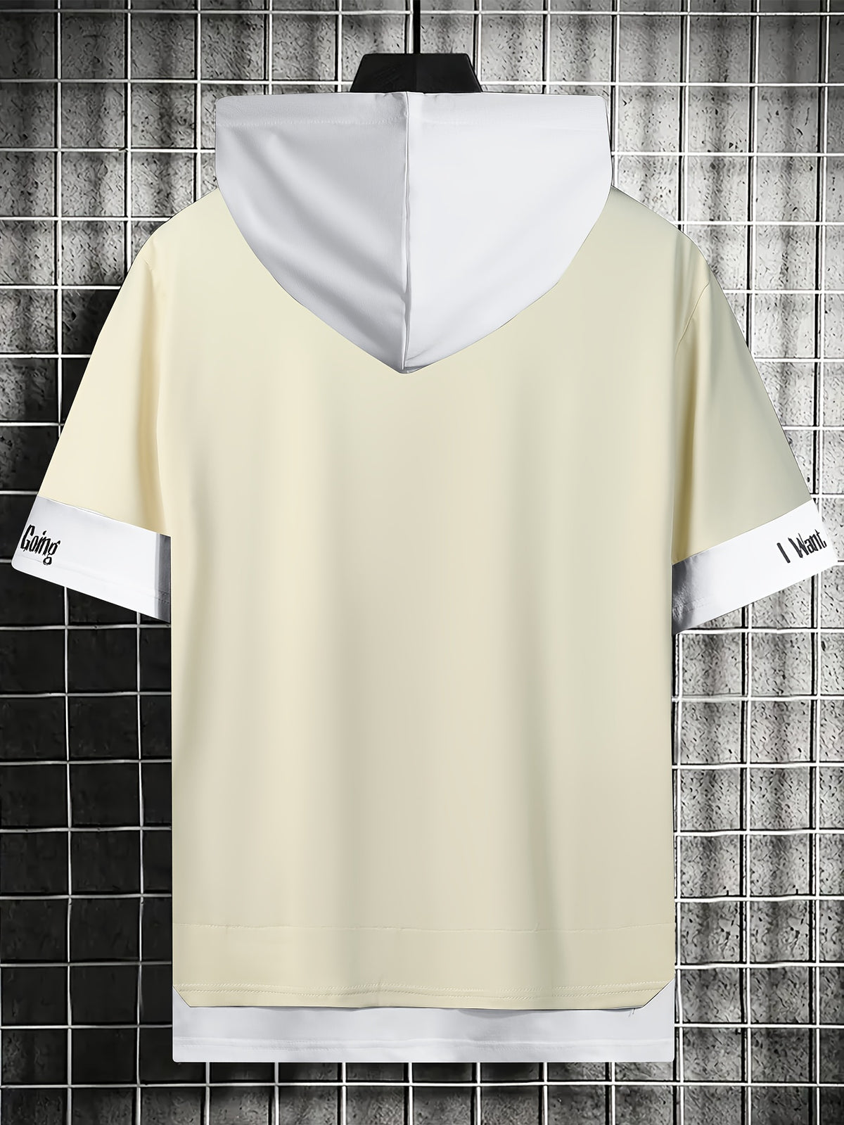 Men'S Color-Block Contrast Hooded Short Sleeve T-Shirt, English Letter Print, Short Sleeve Faux Two-Piece Streetwear, Trendy Fashion Versatile Street Casual Hong Kong Style Outfit, Casual Leisure All-Match T-Shirt, Suitable for Summer - Khaki 1