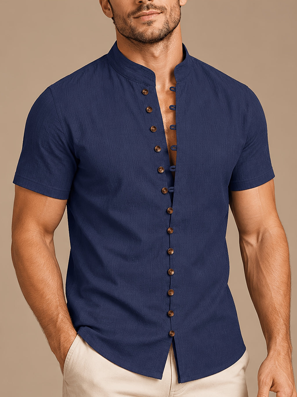 [Pearson Obm] 3pcs Men'S Mandarin Collar Multi Button Shirts Textured Lightweight Breathable Slim Fit Casual Tops Vintage Style for Summer Beach Vacation Travel And Daily Wear - navy blue+black+white