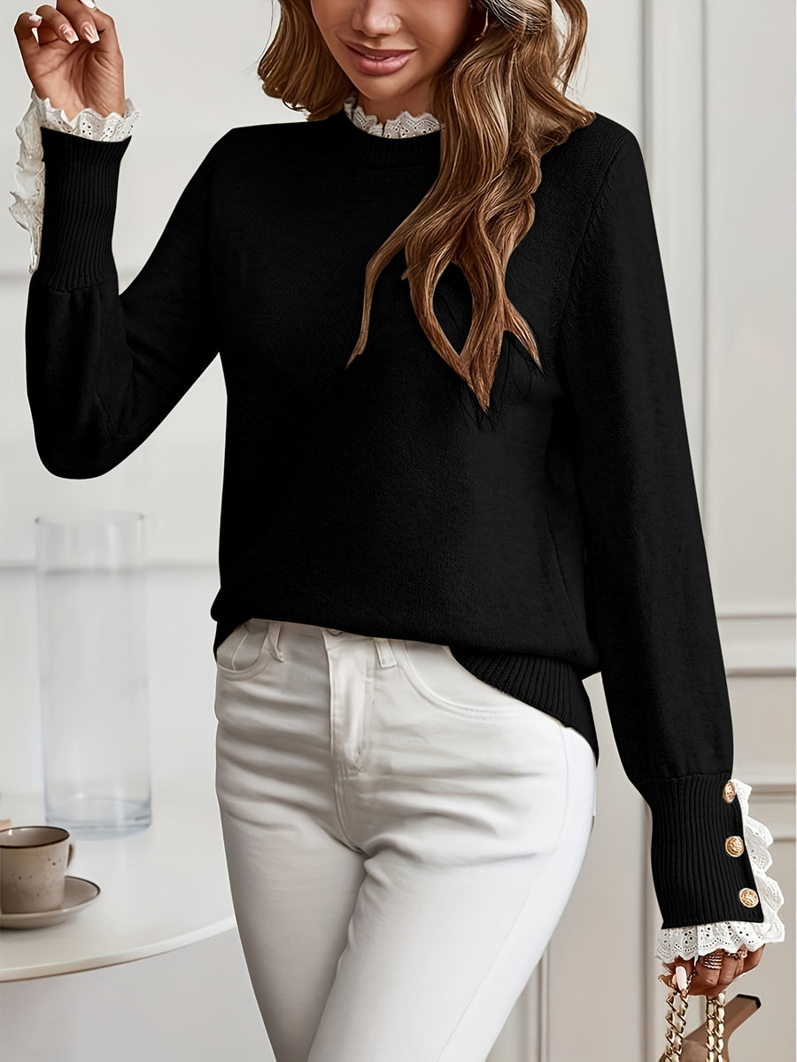 One Autumn-Winter Women's High-End Elegant Pullover with Lace Detail, Item Number ZJ1204018 - Black