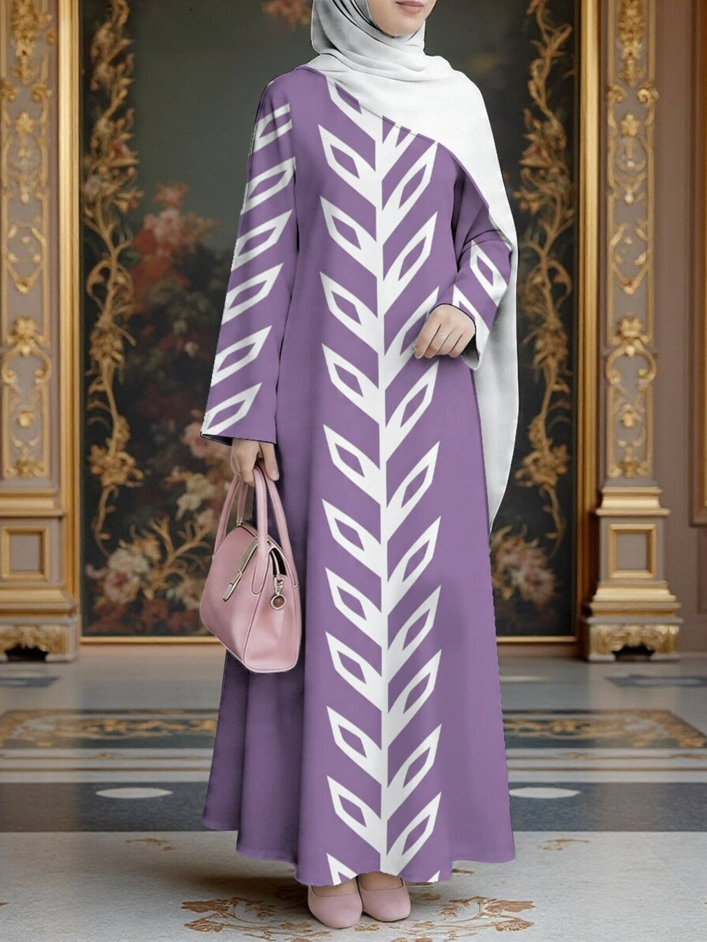Women's Middle Eastern Style Elegant Muslim Robe, Purple Geometric Leaf Print Muslim Long Dress, Loose A-Line Long Sleeve Fit, for Home, Prayer, Outings, and Banquets, Smooth Wrinkle-Resistant Fabric, Non-Embroidered, Vintage-Inspired Sophisticated - Mixed colors