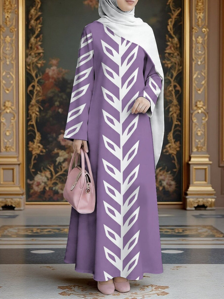 Women's Middle Eastern Style Elegant Muslim Robe, Purple Geometric Leaf Print Muslim Long Dress, Loose A-Line Long Sleeve Fit, for Home, Prayer, Outings, and Banquets, Smooth Wrinkle-Resistant Fabric, Non-Embroidered, Vintage-Inspired Sophisticated - Mixed colors