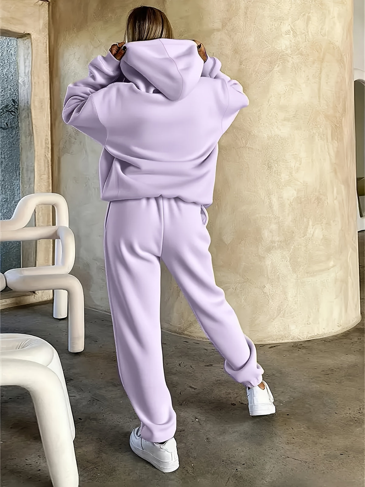 Hoodie Set with Black Triangle Pattern Letter Print Standard Round Neck - Purple