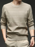 Men's Quiet Luxury Mustard Crew Neck Sweater, Textured Herringbone Knit Pullover, Old Money Aesthetic Fall Winter Top - Khaki