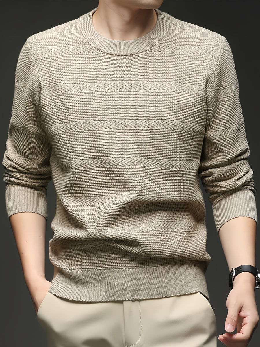 Men's Quiet Luxury Mustard Crew Neck Sweater, Textured Herringbone Knit Pullover, Old Money Aesthetic Fall Winter Top - Khaki