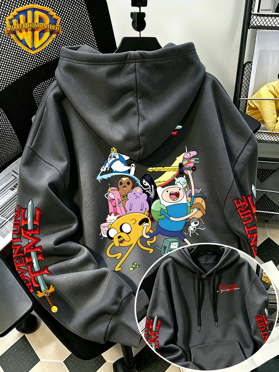 Adventure Time Full Character Cartoon Print Hooded Sweatshirt - Men'S Casual All-Match Pullover, Comfortable Fall/Winter Wear for Sports, Outdoors, Picnics, Travel, Daily/Commute/Home, Perfect Gift for Lovers And Friends - Unisex - Dark Gray