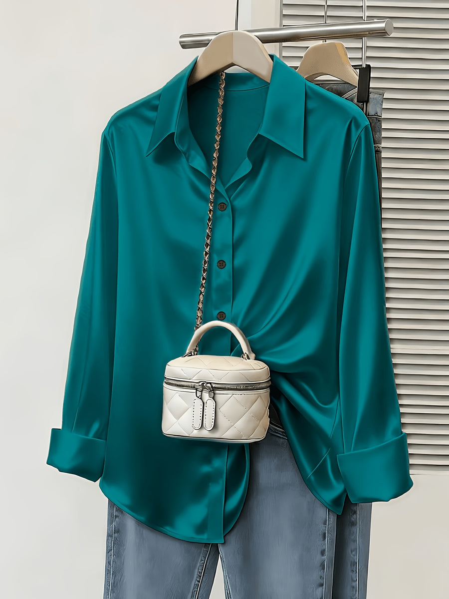 Women's Spring/Autumn Elegant and Versatile Satin Commuter Shirt - Peacock Blue