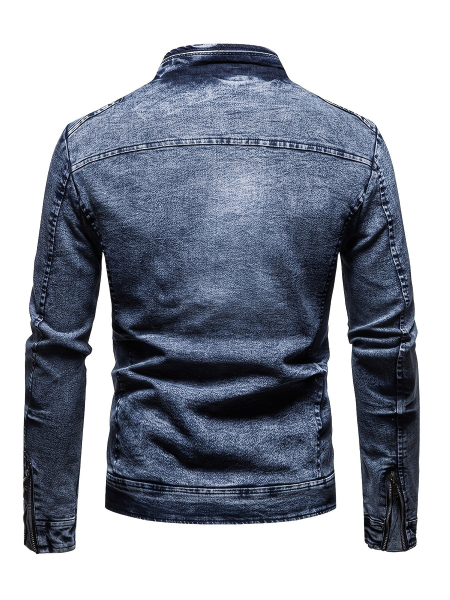 2026 New Style Motorcycle Jacket, Washed Tie-dye Denim Jacket, Men's Spring and Autumn Fashionable and Trendy, Versatile Korean Style Short Street Casual Motorcycle Denim Top - Blue