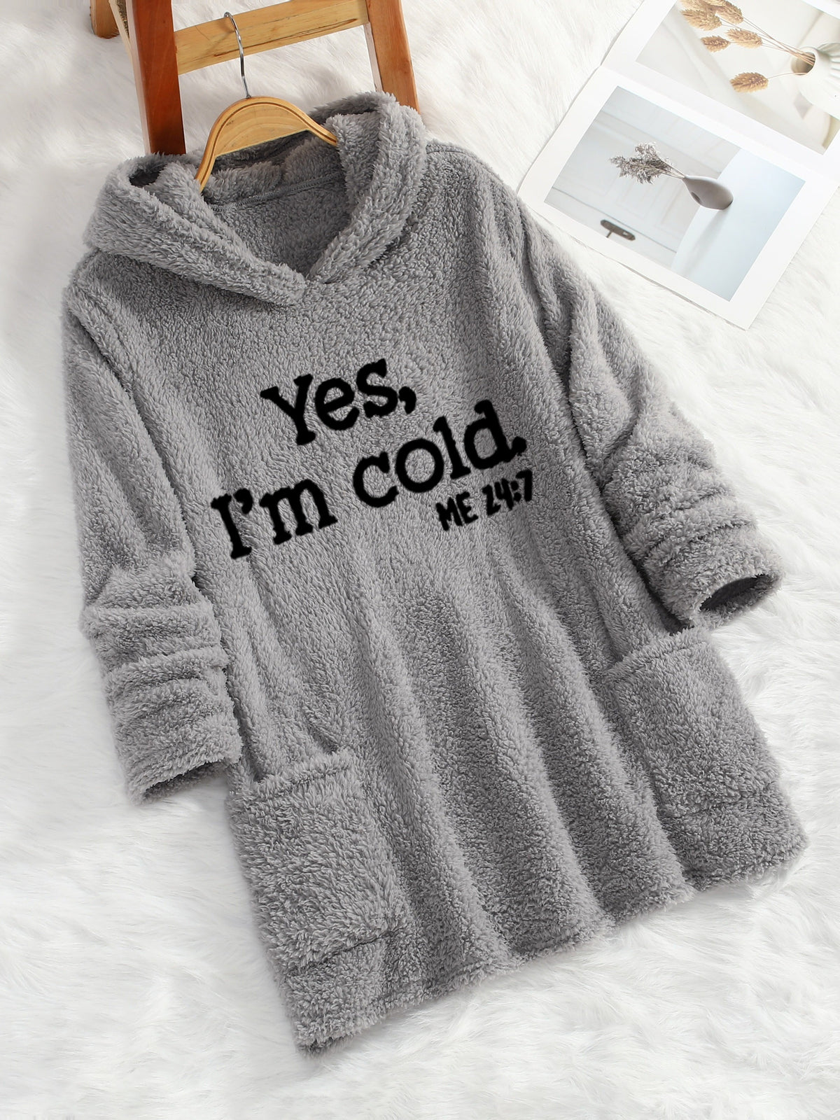 Women's "Yes I'm Cold" Printed Teddy Bear Hooded Sweatshirt - 100% Polyester Relaxed Fit Long Sleeve Pullover with Double Pockets, Cozy Fleece-Lined Casual Winter Top for Fall & Winter - Grey