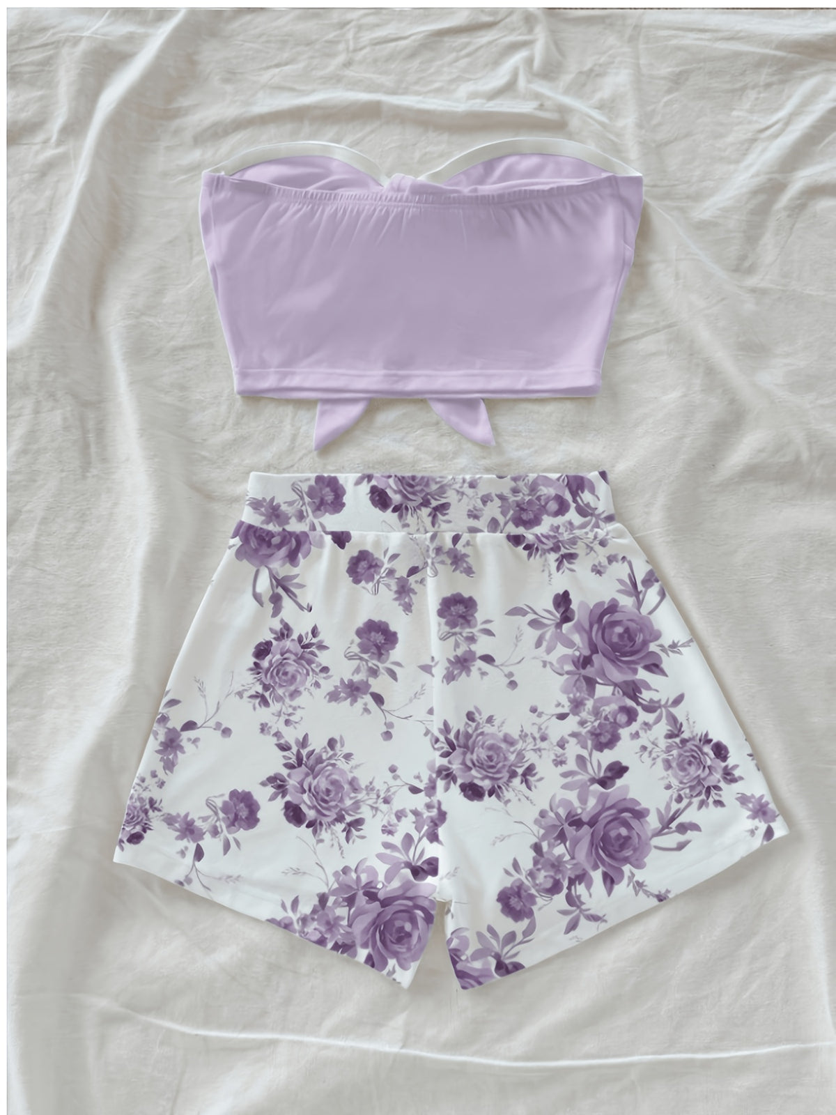 Women's Solid Color Bandeau Top And Floral Print Shorts 2pcs Set - Light Purple