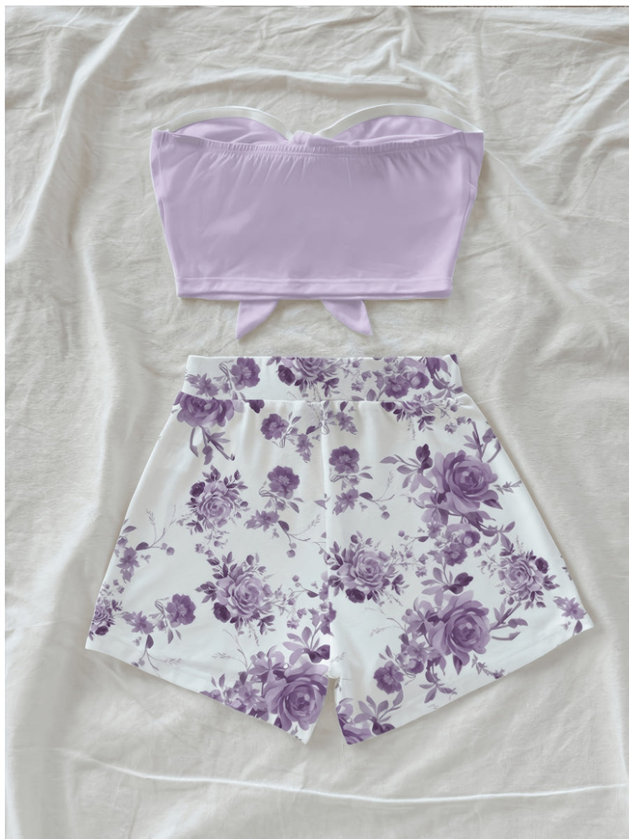 Women's Solid Color Bandeau Top And Floral Print Shorts 2pcs Set - Light Purple