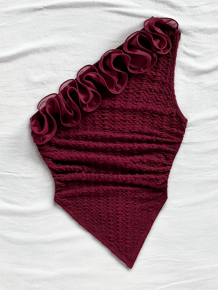 Casual Elegant Women's Hot Outfit Romantic Lace Flower Embellished T-Shirt Bodycon Top Asymmetrical Hem Bohemian Beach Vacation Style Off-Shoulder Vest Crop Top Sexy Hot Outfit Festival Ramadan Eid Clothing - Burgundy