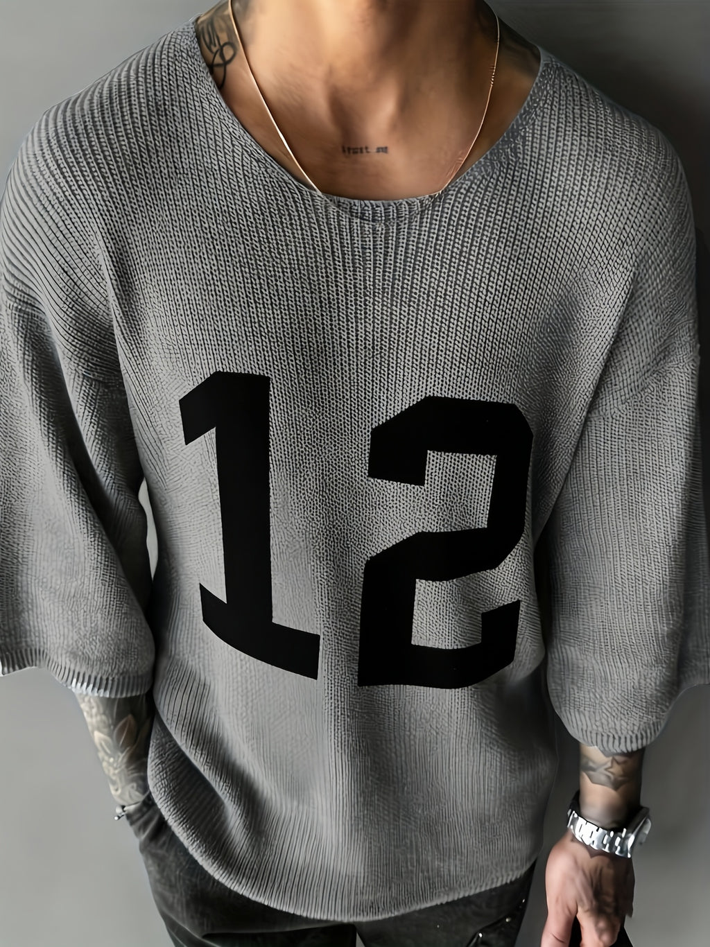 JANE DRESSINGLOG European And American Men'S Summer New Digital Knitwear Round Neck Shoulder Short Sleeve Digital Design Hoodie Sweater Casual Versatile Street Lazy Style Knitted Hoodie, Suitable for Daily Commuting And Outing Wear - Grey