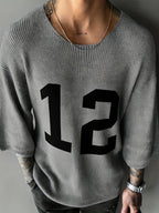 JANE DRESSINGLOG European And American Men'S Summer New Digital Knitwear Round Neck Shoulder Short Sleeve Digital Design Hoodie Sweater Casual Versatile Street Lazy Style Knitted Hoodie, Suitable for Daily Commuting And Outing Wear - Grey
