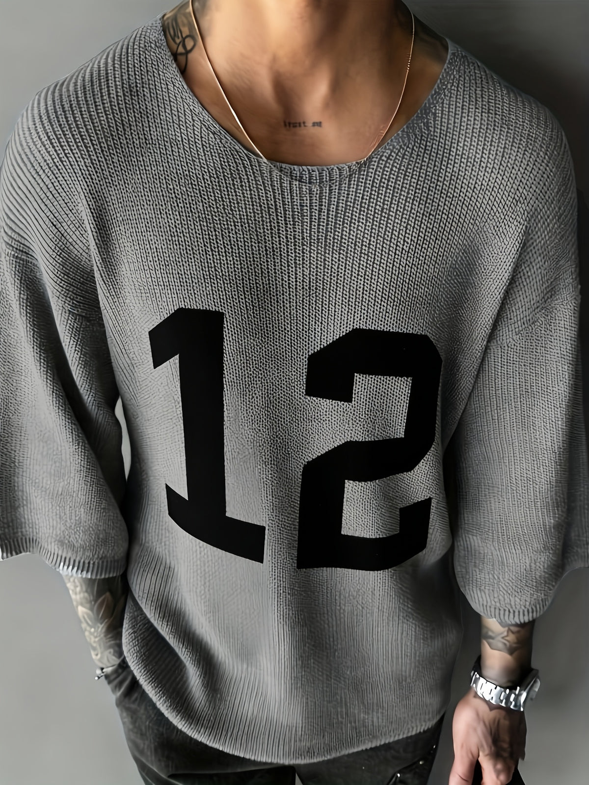 JANE DRESSINGLOG European And American Men'S Summer New Digital Knitwear Round Neck Shoulder Short Sleeve Digital Design Hoodie Sweater Casual Versatile Street Lazy Style Knitted Hoodie, Suitable for Daily Commuting And Outing Wear - Grey