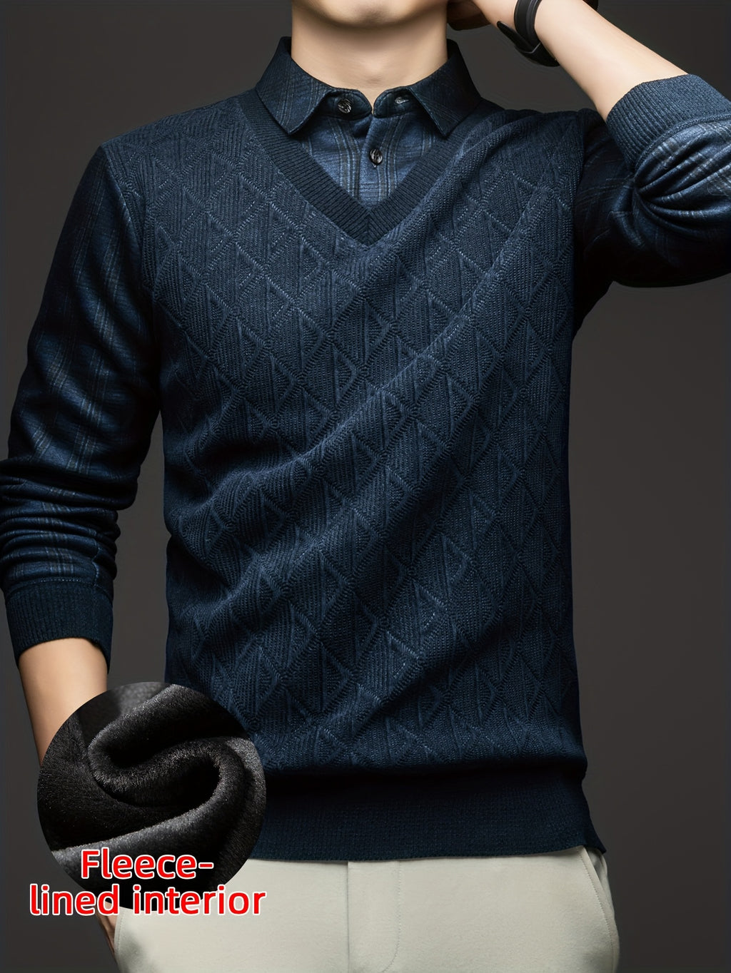 Men'S Fleece Fake Two-Piece Sweater, Plaid Lapel with Diamond Jacquard Design, Business Casual Warm Knit Top, Inner Thick Base Layer Shirt, Suitable for Men'S Commute And Casual Wear - Ha Qing