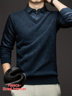 Men'S Fleece Fake Two-Piece Sweater, Plaid Lapel with Diamond Jacquard Design, Business Casual Warm Knit Top, Inner Thick Base Layer Shirt, Suitable for Men'S Commute And Casual Wear - Ha Qing