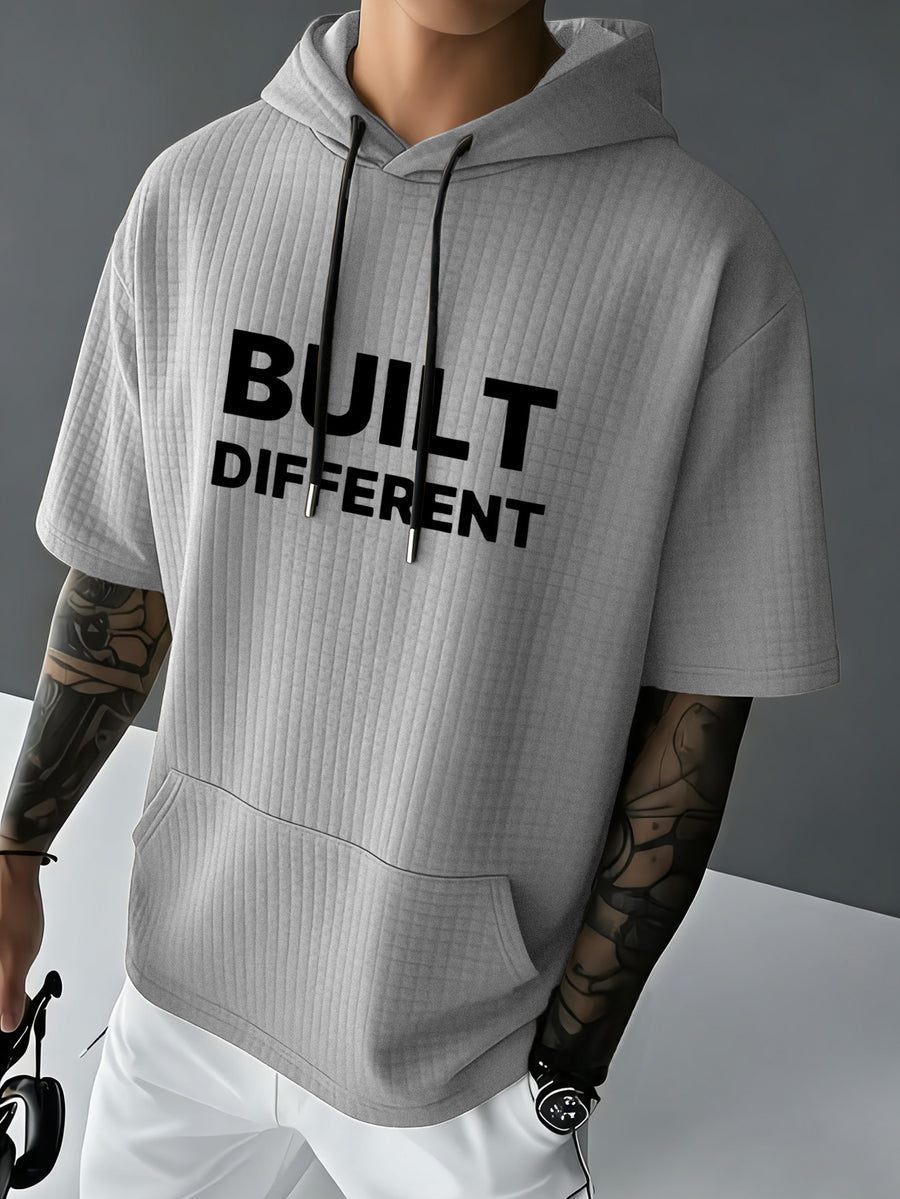 BUILT DIFFERENT Men's Waffle Knit Short-Sleeve Hooded Sweatshirt with Comfortable Print and Drawstring, Pocketed T-Shirt, Summer Casual Fashion Men's Wear, Suitable for Outings and Home Wear, Ideal for Daily and Formal Occasions, Simple Summer - Grey