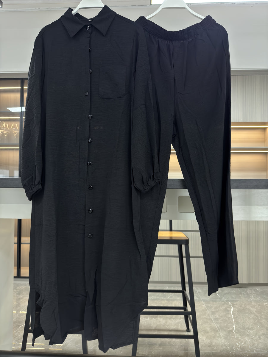 New Arabian 2pcs Abaya Set - Women'S Elegant Multi-Button Solid Color Long Sleeve Wide-Leg Trousers Without for Ramadan Spring Autumn Daily Commute - Black