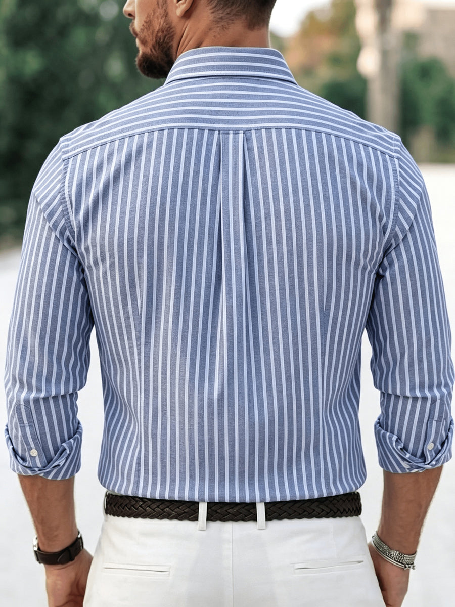 Classic Men's Striped Oxford Shirt with Chest Pocket, Button- Collar, Versatile Long-Sleeve Top for Daily Commute - Blue Gray Stripes