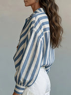 Spring Summer New Style Retro Striped Long Sleeve Women'S Shirt, Loose Vacation Style Beach Top, Casual Commute - Multicolor