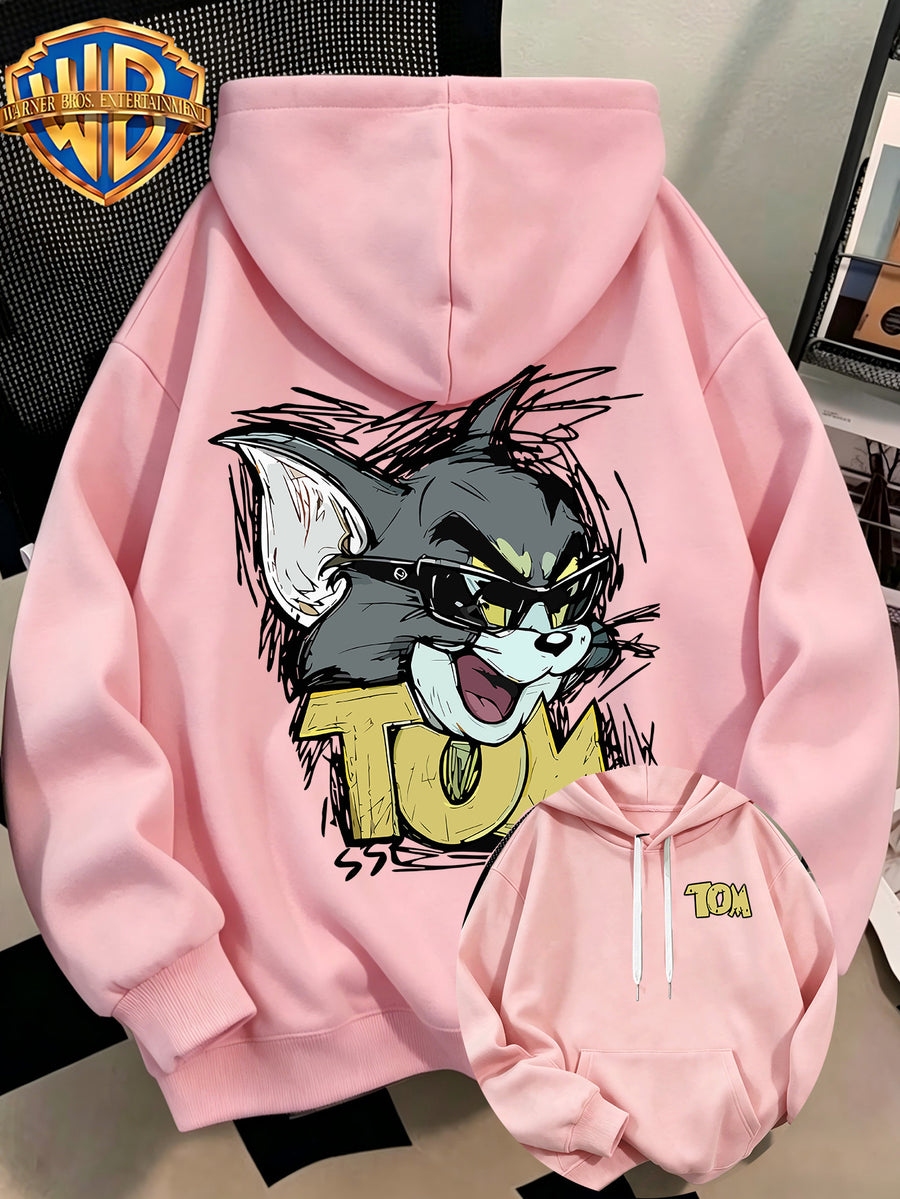WB Men's. Official Licensed Hooded Sweater Hoodie - Retro Print (Loose Fit Hooded with Iconic WB), Machine Washable Casual Sweater Suitable for Fall/Winter, Daily Wear & for or Outings - Pink Color