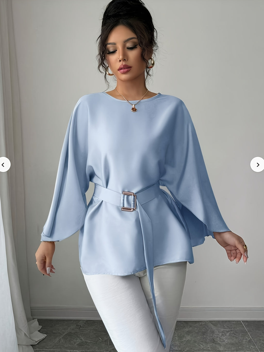Round Neck Long Sleeve Loose Waist Tie Elegant Noble Versatile Top Trend - Light Blue