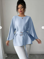Round Neck Long Sleeve Loose Waist Tie Elegant Noble Versatile Top Trend - Light Blue