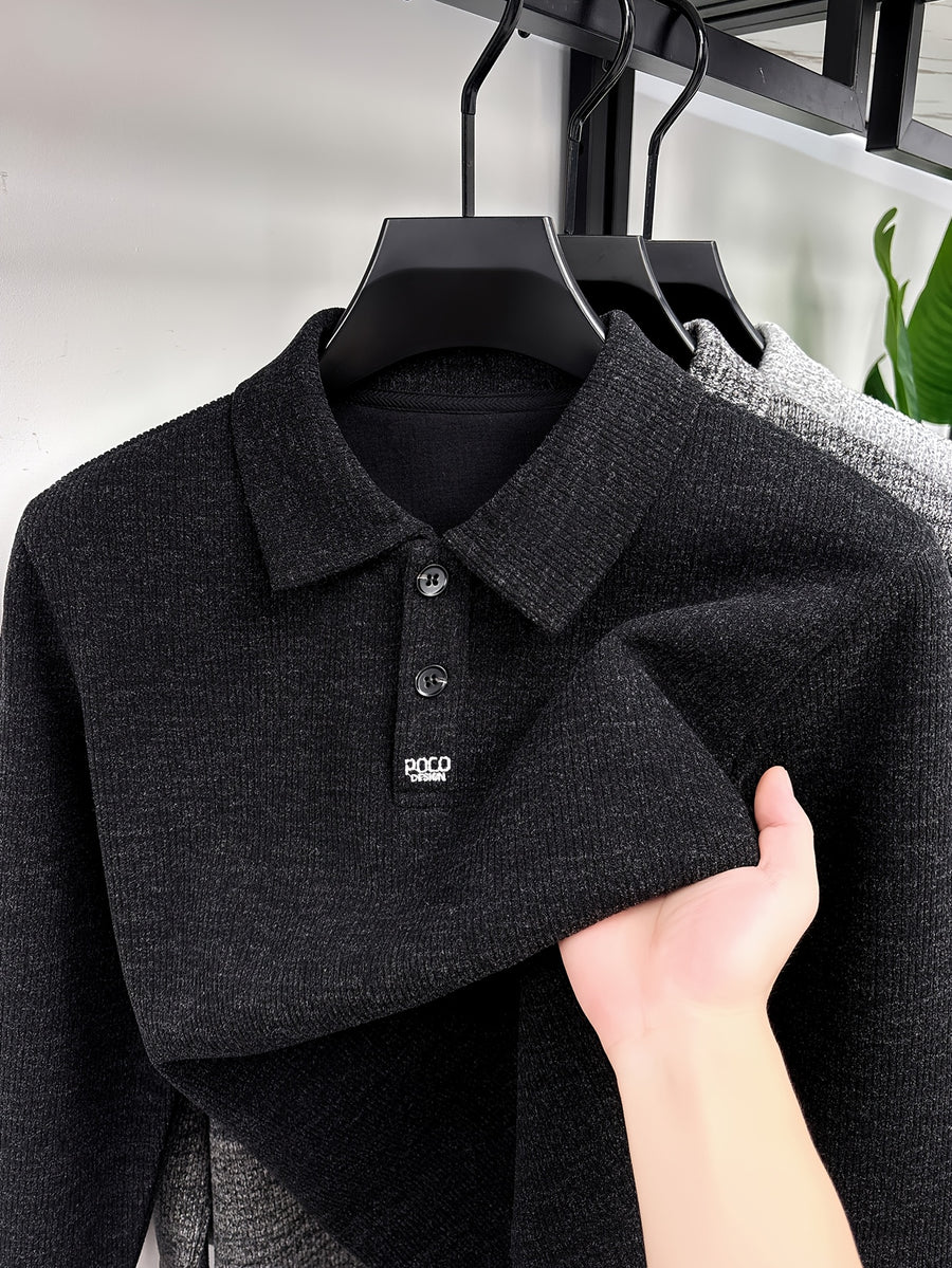 Autumn Winter Fashion Warm Men'S Long Sleeve Polo Shirt - NightSandBlack