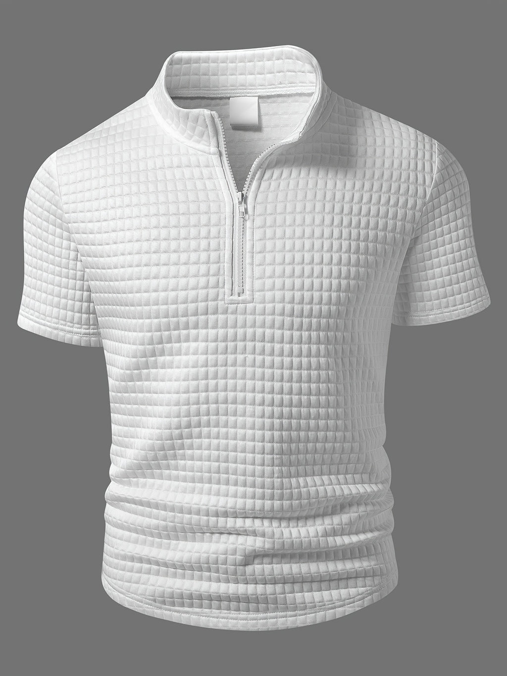 Men's White Mesh Texture Polo Shirt with Half-Zip Stand Collar, Slim Fit for a Stylish Look, Breathable Fabric, Summer Fashion Top for Business Casual Streetwear - White