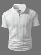 Men's White Mesh Texture Polo Shirt with Half-Zip Stand Collar, Slim Fit for a Stylish Look, Breathable Fabric, Summer Fashion Top for Business Casual Streetwear - White
