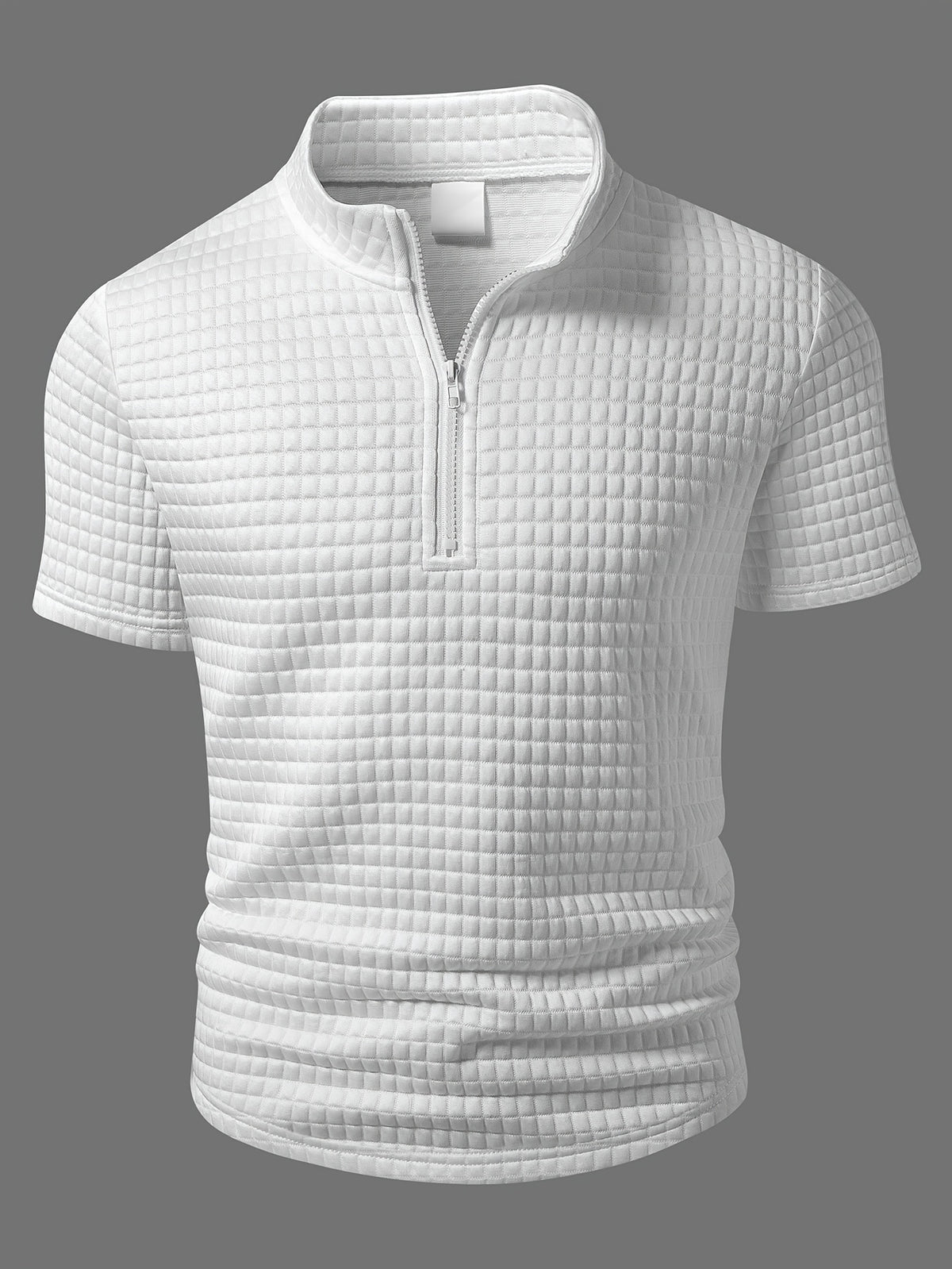 Men's White Mesh Texture Polo Shirt with Half-Zip Stand Collar, Slim Fit for a Stylish Look, Breathable Fabric, Summer Fashion Top for Business Casual Streetwear - White