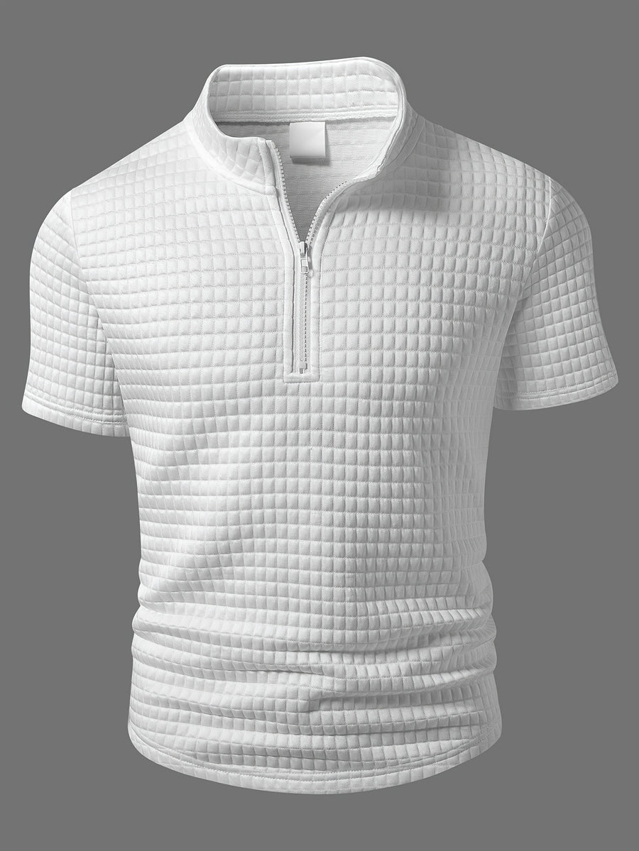 Men's White Mesh Texture Polo Shirt with Half-Zip Stand Collar, Slim Fit for a Stylish Look, Breathable Fabric, Summer Fashion Top for Business Casual Streetwear - White