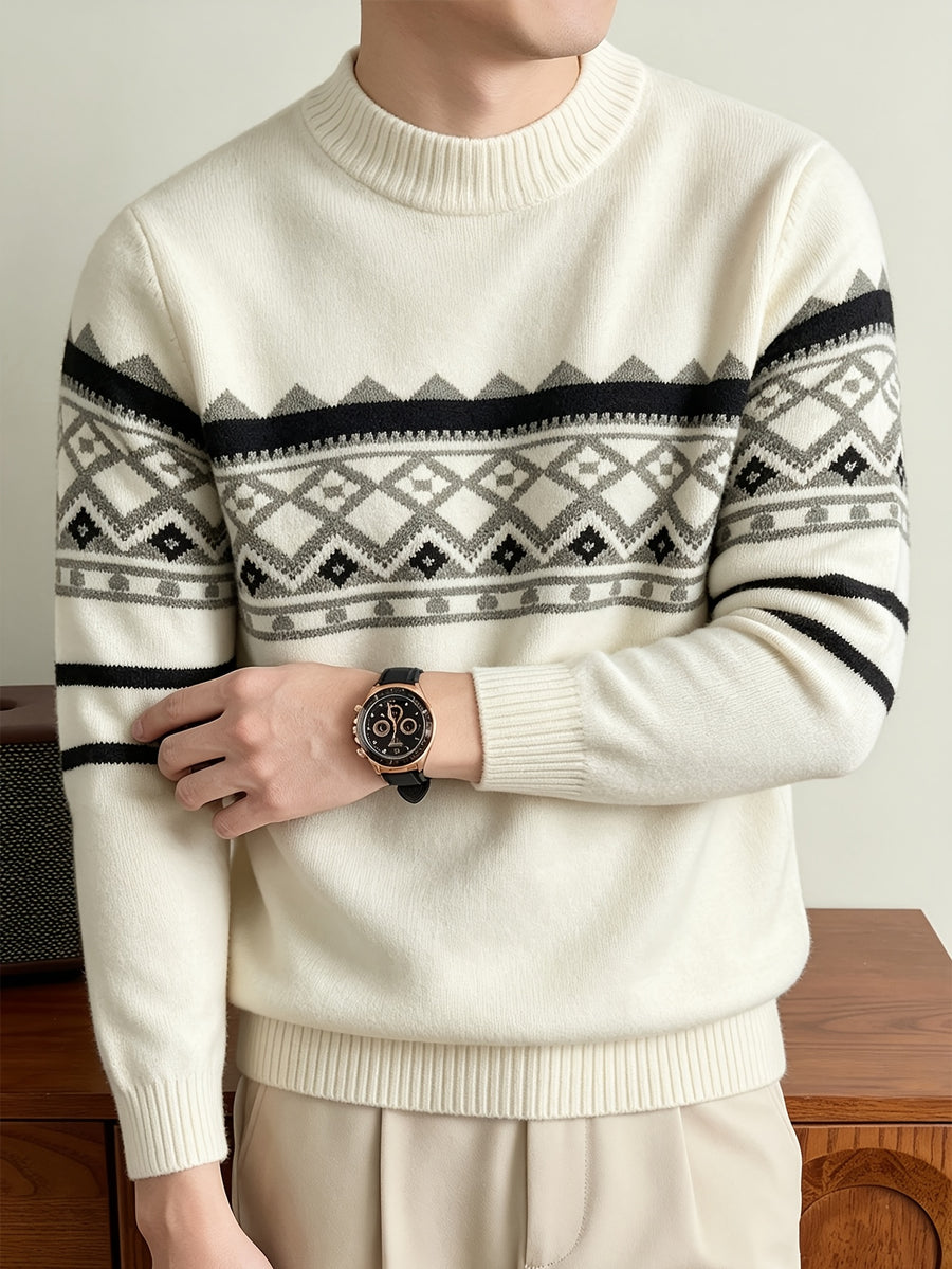 SENMEIGUO New Men's Semi High Neck Knitted Sweater with Fashionable Patterns for Autumn and Winter, Warm and Casual Base Top - White