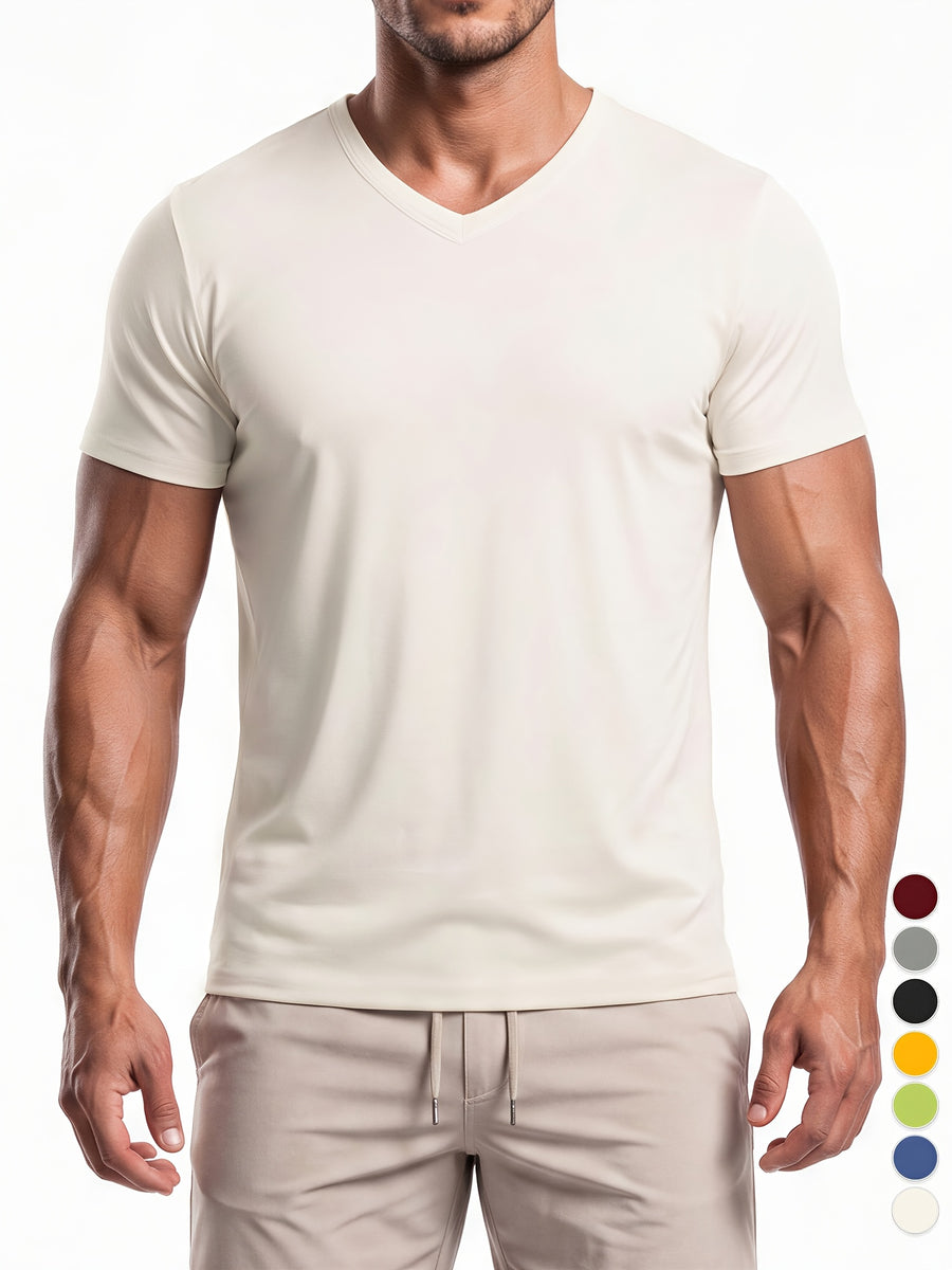 Men's Minimalist Sporty V-Neck Quick-Dry T-Shirt, Lightweight Breathable Moisture-Wicking Polyester Fiber Short-Sleeve Top, Solid Color Slim-Fit Casual Fitness Shirt, Suitable for Fitness, Running, Outdoor, Light Outdoor, and Urban Commuting - Off-white