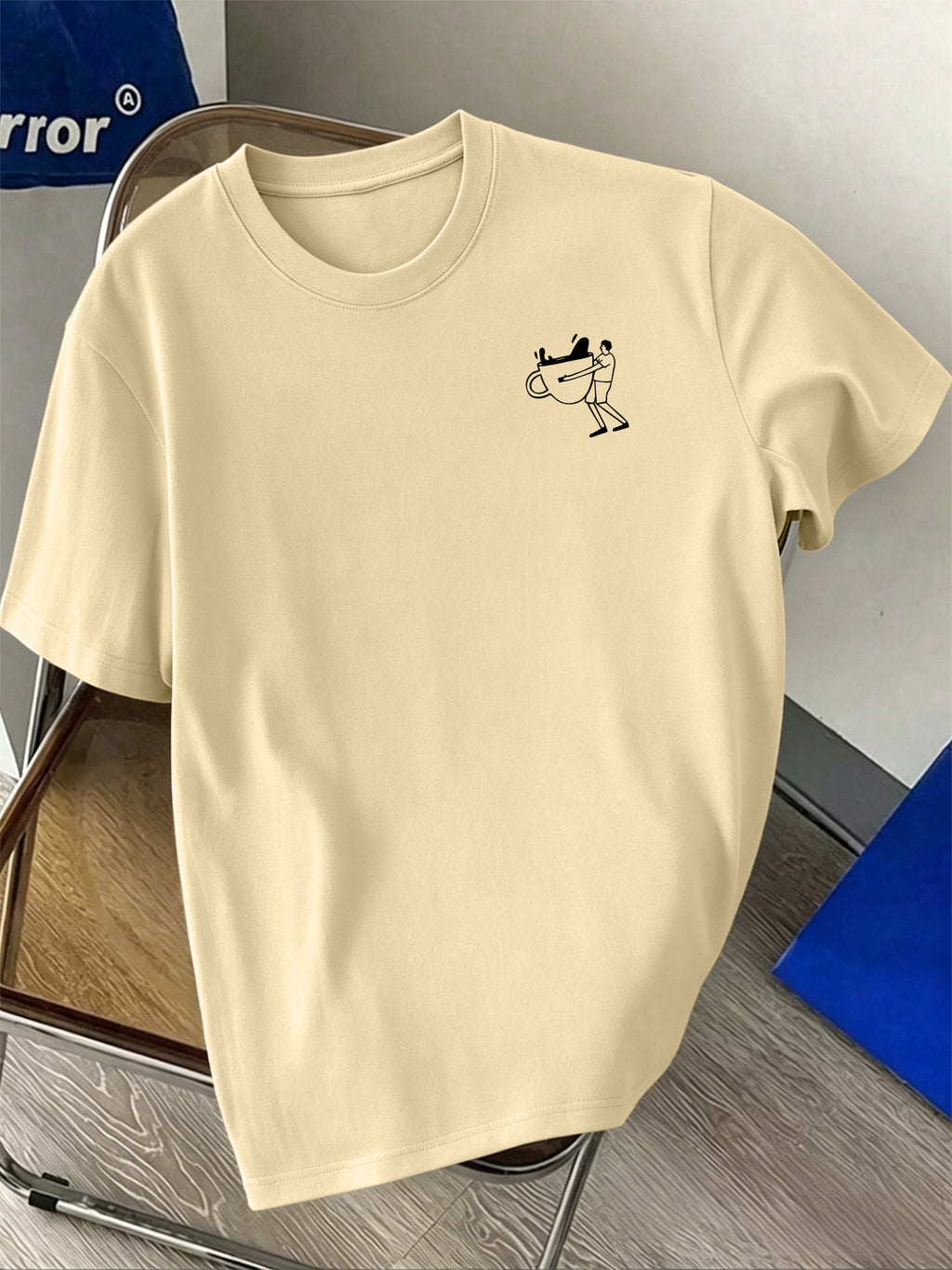 Men'S 100% T-Shirt, Coffee Character Print, Soft Breathable Comfortable Casual, All-Season Daily Commute - Apricot